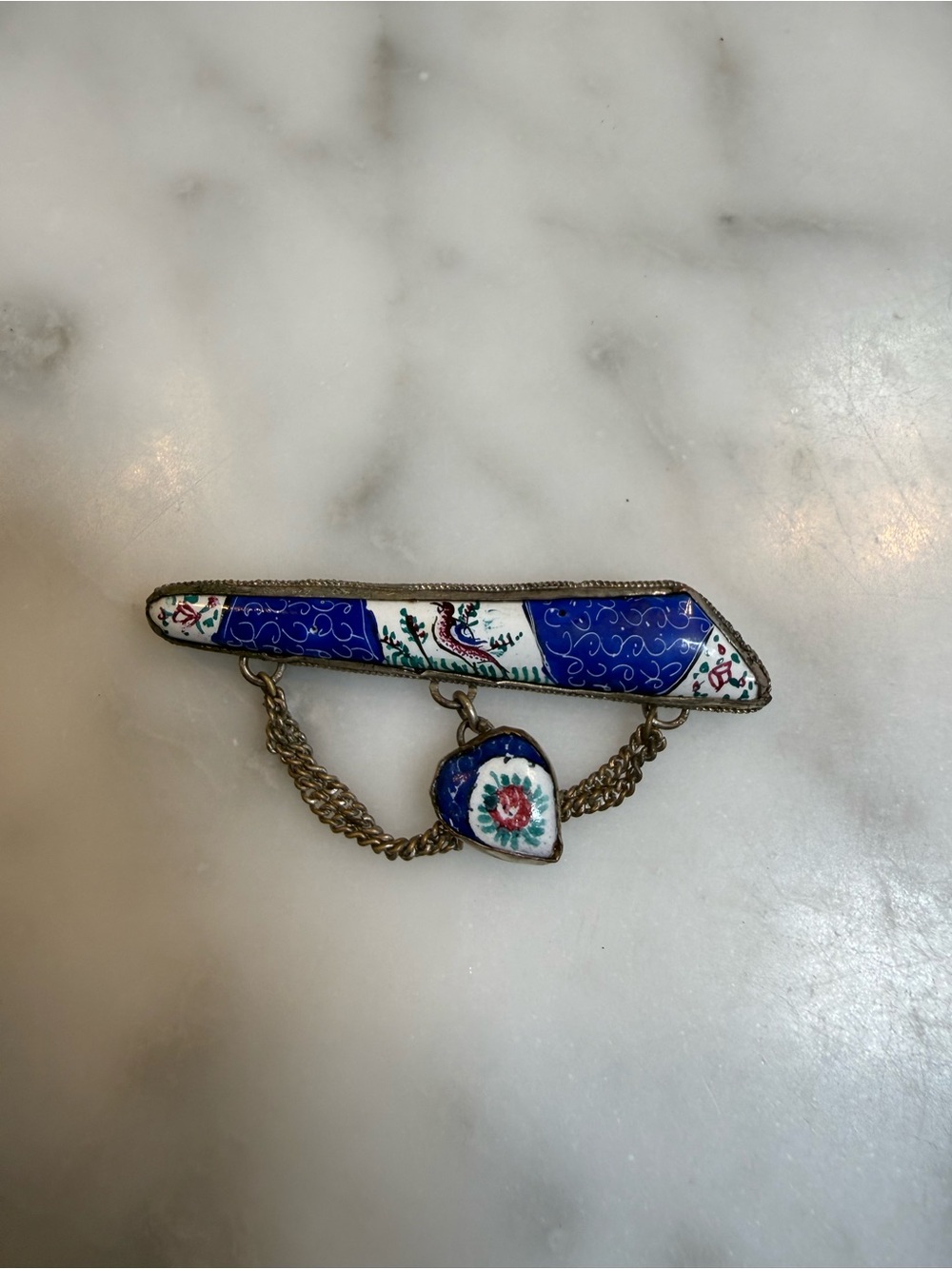 Vintage Hand-Painted Blue Enamel Floral Safety Pin Brooch with Heart Charm